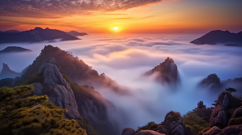 黄色山顶日出岩松太阳云海风景背景,高清,摄影图,摄影图片,图片大全,摄影图免费下载